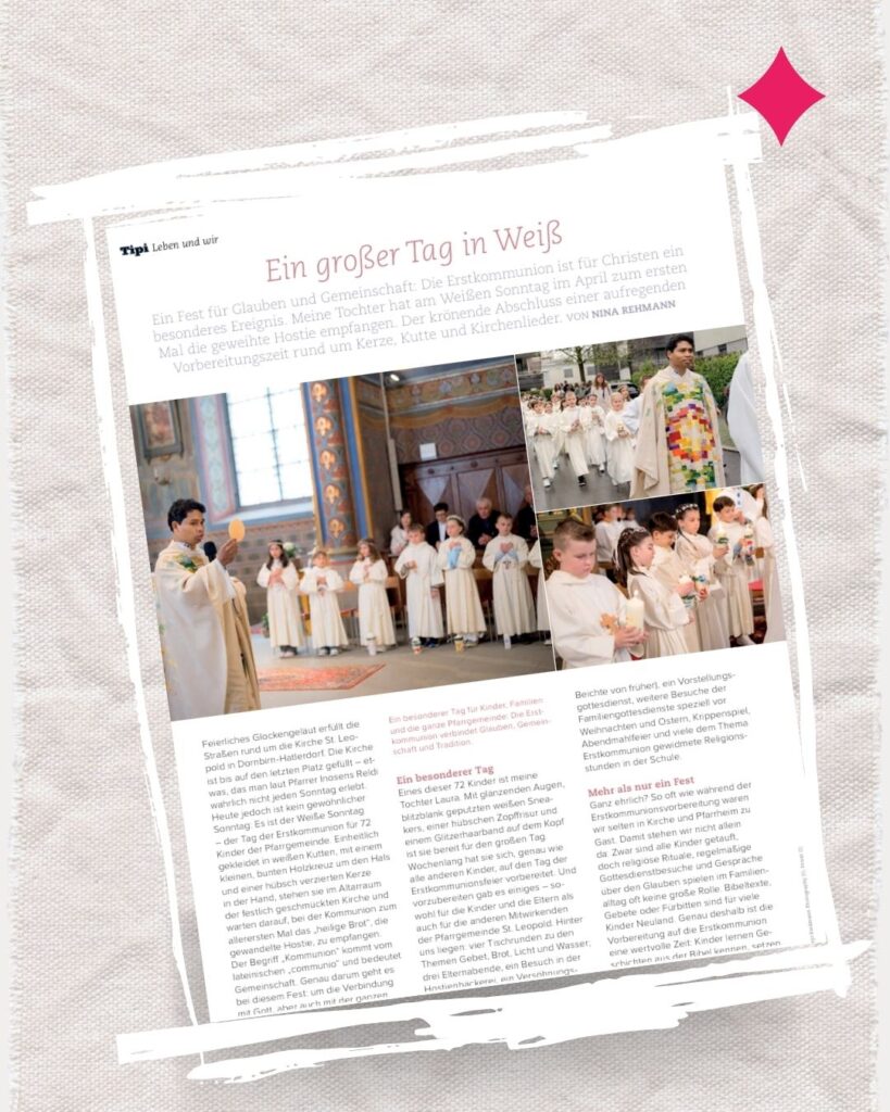 Artikel im Tipi Magazin für die Familie über die Erstkommunion in der Pfarre St. Leopold im Dornbirn-Hatlerdorf von Texterin Nina Rehmann